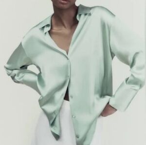 Zara Sage Green Satin Button Down Long Sleeve Shirt Size Small